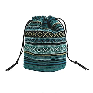 May include: A blue and black drawstring bag with a geometric pattern. The bag is made of woven fabric and has a simple design.