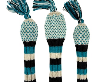 Teal, Black, White Chevron Knit Wool Headcovers by Sunfish (Driver, Fairway, Hybrid, or Set)