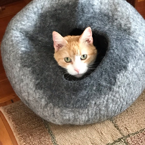 Grey Ombre Cat Cave Bed Large by Walking Palm - ships now from usa / Cat Bed / Pet Bed / Hand Felted Wool