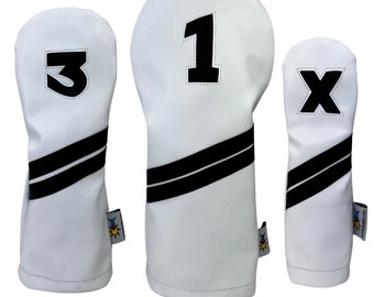 Leather golf headcover set by Sunfish - driver fairway hybrid - white black by Sunfish Golf !