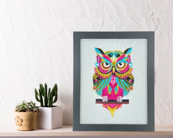 Hand embroidered owl wall art 10 x 8 / finished piece / hand stitched / ships in frame
