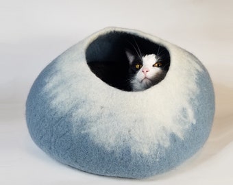 Cat Cave Bed Large by Walking Palm - Sky Blue and White - ships now from usa / Cat Bed / Pet Bed / Hand Felted Wool