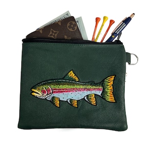 Sunfish Hand Embroidered Trout Genuine Leather Golf Valuables Pouch Essentials Bag