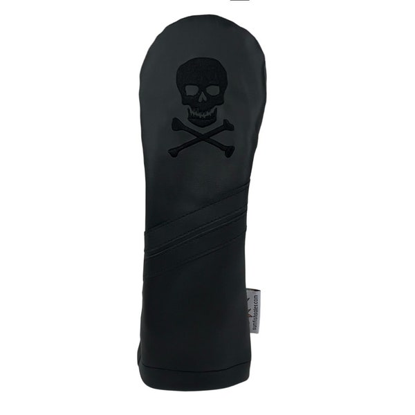 Skull and Crossbones Murdered Out Black Leather hybrid / utility golf headcover by Sunfish!