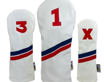 White, Blue and Red Leather Golf Headcover Set - Driver, Fairway, & Hybrid by Sunfish Golf!