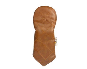 May include: Brown leather golf club head cover with a diamond pattern and the number "3" embossed on the front. The cover has a small tag with the text "www.addidas.com".