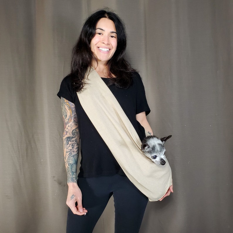 Dog Sling Carrier Oatmeal Tan Linen 100% Organic Cotton For Cats too image 2