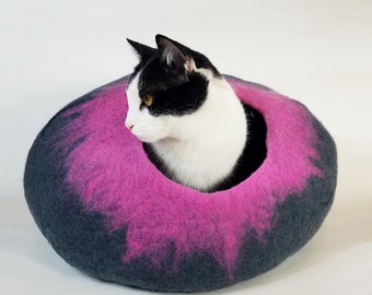 Cat Cave Bed Large  by Walking Palm - Gray and Pink - ships now from usa / Cat Bed / Pet Bed / Hand Felted Wool