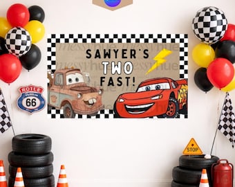 Modèle de bannière d'anniversaire inspiré des voitures, matériel de remorquage et Lightening McQueen (téléchargement numérique)