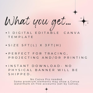 Peut inclure: Un mod&egrave;le Canva num&eacute;rique avec le texte "What you get..." en &eacute;criture cursive. Le mod&egrave;le mesure 152 cm (L) x 91 cm (H) et est destin&eacute; au tra&ccedil;age, &agrave; la projection et &agrave; l'impression. Il s'agit d'un t&eacute;l&eacute;chargement instantan&eacute;, et aucune banni&egrave;re physique ne sera exp&eacute;di&eacute;e.