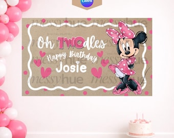 Modèle de bannière d'anniversaire rose à pois inspiré de Minnie (téléchargement numérique)