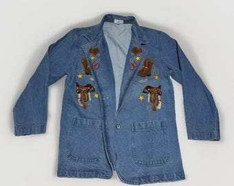 Vintage The Blue Denim Blazer Jacket M Western Embroidered Cowboy Boots Hats