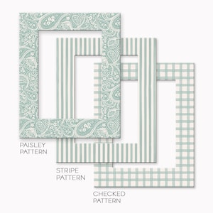 May include: Three rectangular picture frames in a light sage green and white color palette. The first frame features a white paisley pattern, the second frame displays vertical stripes, and the third frame shows a checkered pattern. Text labels are included.