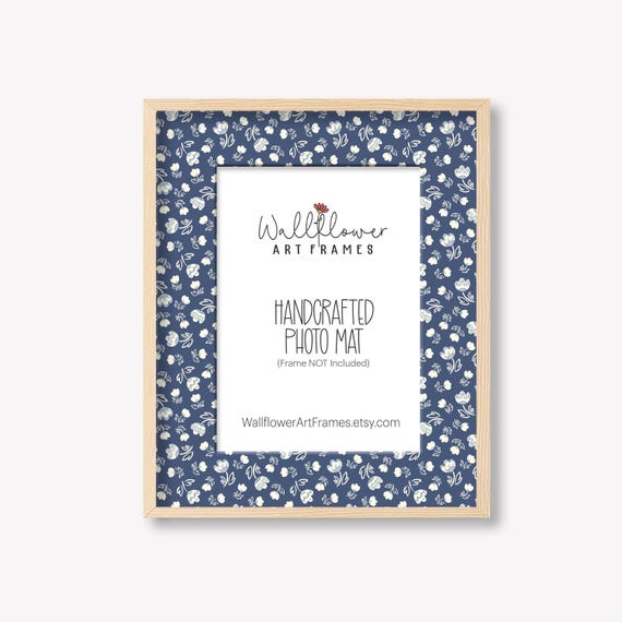 Flower Frame Mat Insert Navy Blue, Floral Photo Matte, Dorm Wall Decor, 10 Sizes