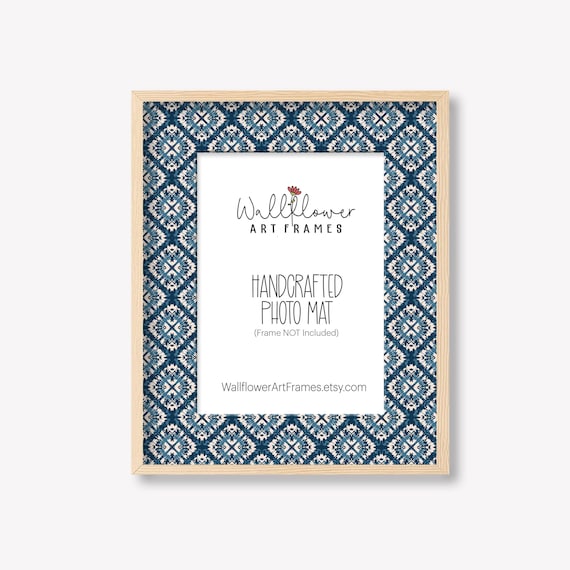Blue Block Print Photo Mat, Boho Coastal Grandmillennial Style Insert