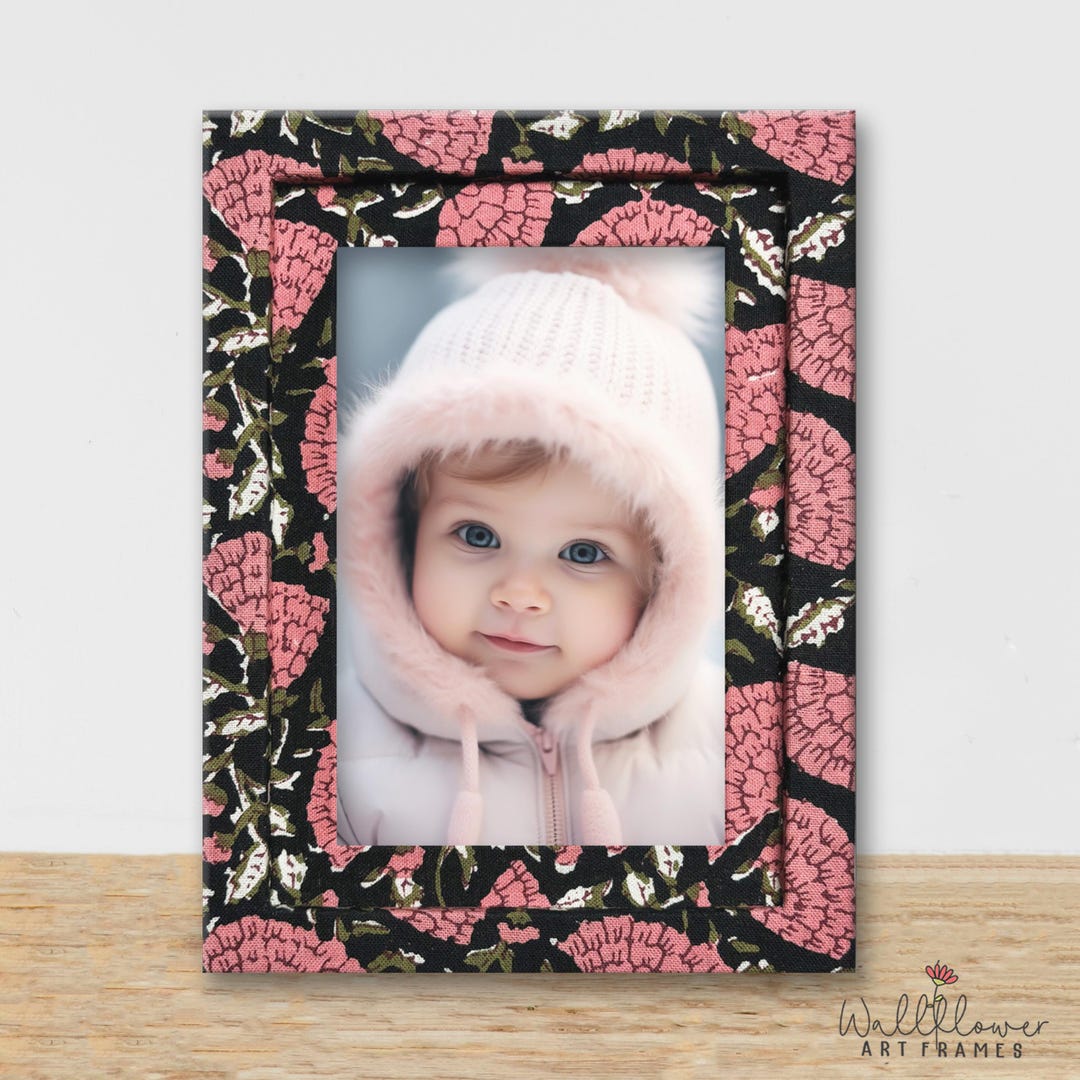 Block Print Frame Pink & Black Block Print Frame, Fabric Wrapped Photo Frame, Handmade ...