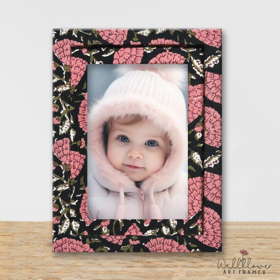 Pink & Black Block Print Frame, Fabric Wrapped Photo Frame, Handmade (4x6 or 5x7 Opening)
