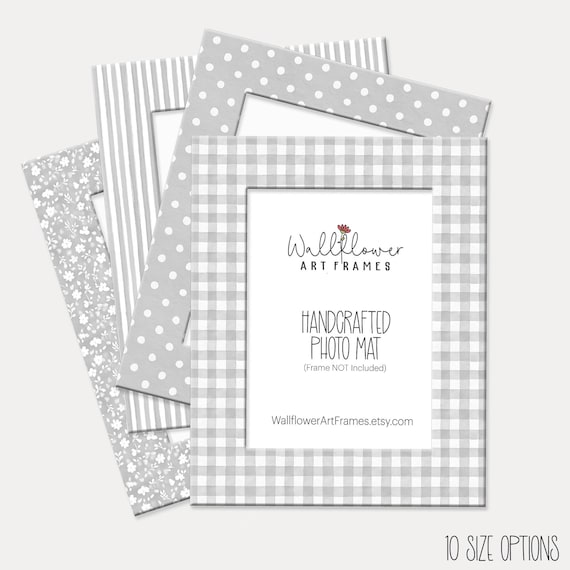 Gray Photo Mats, Gingham, Floral, Stripe or Dots Pattern, Neutral Boho Decor (10 Sizes)