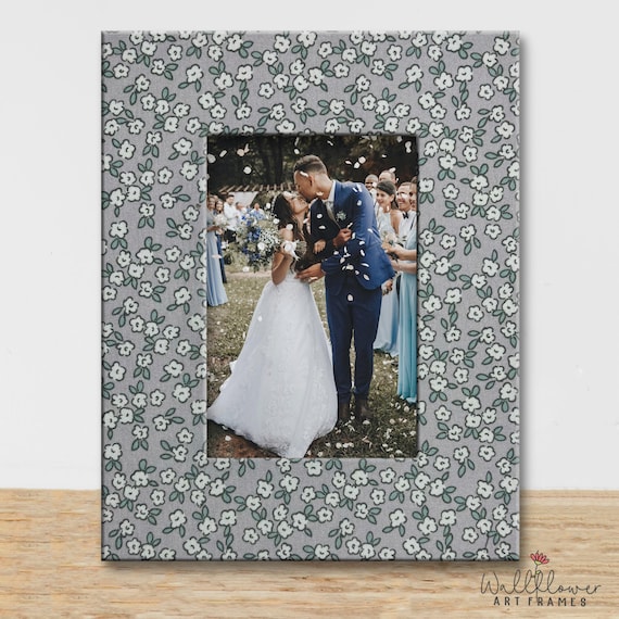 Fabric Floral Photo Frame, Gray White Cottagecore Gallery Display (8x10 holds 4x6)