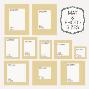 Size chart showing 10 different examples of mat board sizes offered