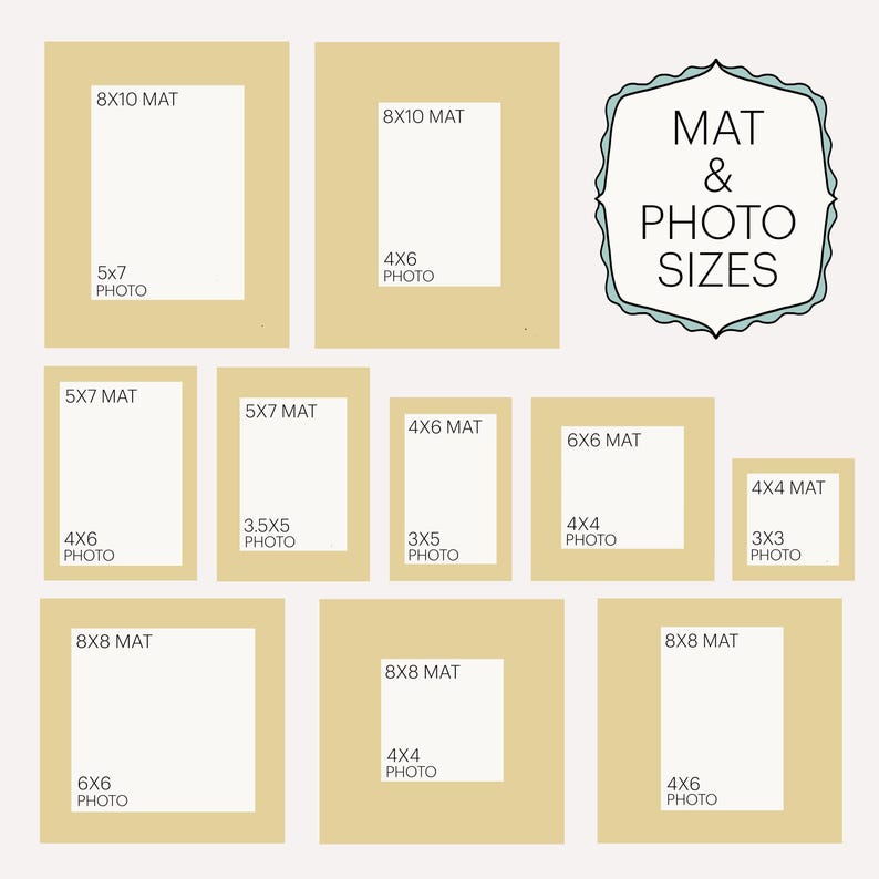 Size chart showing 10 different examples of mat board sizes offered