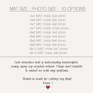 Mat sizes listed and thank you note for visiting shop