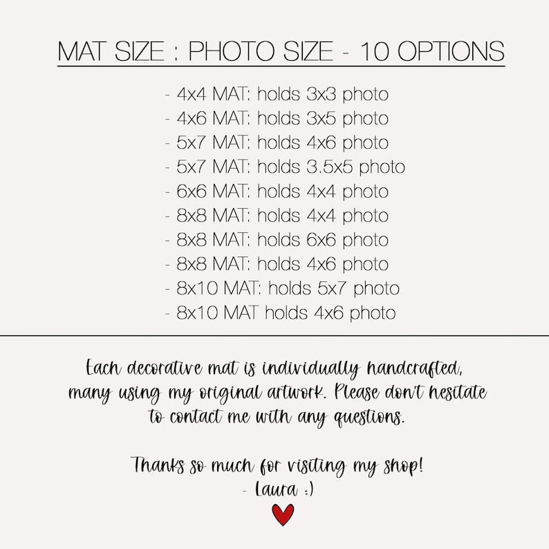 Mat sizes listed and thank you note for visiting shop