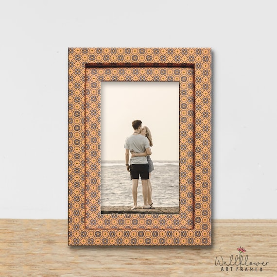 Decorative Photo Frame Orange – Boho Cottagecore Decor, 4x6 Photo, Original Hand Drawn Pattern
