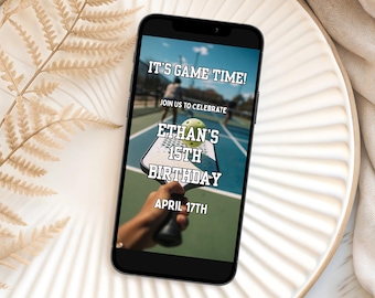 Bewerkbare geanimeerde Pickleball-feestuitnodiging | Sjabloon augurkbal | Tween, jongen, meisje jarig | Sportevenement | Digitale sportuitnodiging