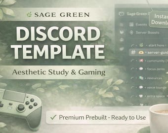 Plantilla de servidor de Discord con estética verde salvia / Configuración de comunidad de juegos de estudio / Diseño de canales con roles predefinidos / Discord minimalista y acogedor