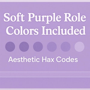 Puede incluir: Fondo lila con el texto blanco "Soft Purple Role Colors Included". Debajo, cinco c&iacute;rculos morados de diferentes tonos. El texto "Aesthetic Hax Codes" est&aacute; debajo.