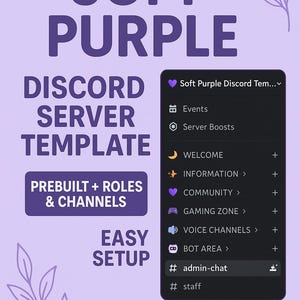 Puede incluir: Gr&aacute;fico p&uacute;rpura suave para una plantilla de servidor de Discord. El texto dice "SOFT PURPLE DISCORD SERVER TEMPLATE". La imagen incluye una vista previa del dise&ntilde;o del servidor, con secciones para eventos y comunidad.