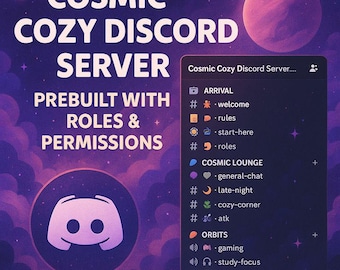 Plantilla de servidor de Discord con estética púrpura cósmica acogedora / Diseño de servidor de estudio y juegos prediseñado con canales de roles / Modo nocturno celestial