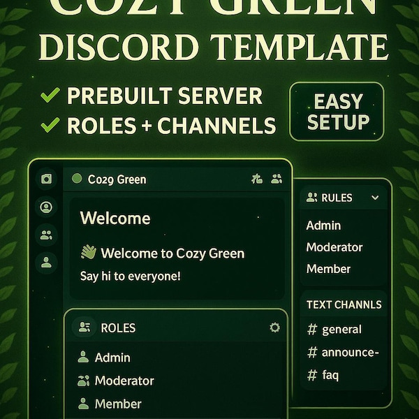 Gemütliche Grüne Discord Vorlage | Vorgefertigtes Community Set-Up