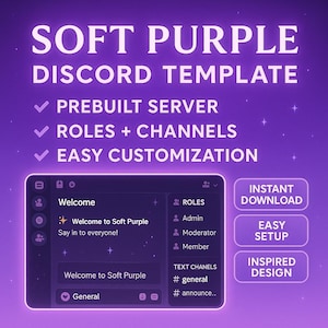 Zart Lila Discord Vorlage | Ästhetisches vorgefertigtes Discord Set-up mit Rollen, Channels, Hex Codes | Gemütliches Layout