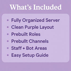 Puede incluir: Gr&aacute;fico lila con el texto "What's Included". La lista incluye: "Fully Organized Server", "Clean Purple Layout", "Prebuilt Roles", "Prebuilt Channels", "Staff + Bot Areas" y "Easy Setup Guide".
