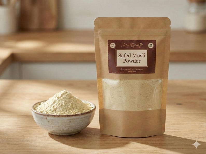May include: A package of Safed Musli Powder from NatureSpring, with a bowl of powder in front. The package is brown with a dark brown label. The bowl is small and light-colored, filled with a light yellow powder. The background is a wooden surface.