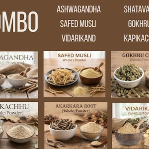 May include: A product image featuring a combo of herbal supplements. The image displays various herbs in whole and powder forms, including Ashwagandha, Safed Musli, Vidarikand, Shatavari, Gokru, and Kapikacchu. The text "COMBO" is at the top.