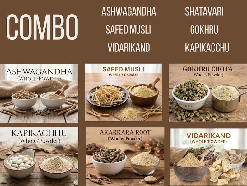 May include: A product image featuring a combo of herbal supplements. The image displays various herbs in whole and powder forms, including Ashwagandha, Safed Musli, Vidarikand, Shatavari, Gokru, and Kapikacchu. The text "COMBO" is at the top.