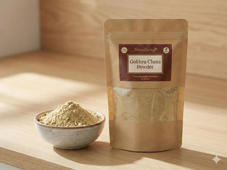 May include: A package of Gokhru Chota Powder and a small bowl of powder sit on a wooden surface. The package is brown with a label that reads "Gokhru Chota Powder" and "Pure Ayurved Wellness". The bowl is light-colored and filled with a beige powder.