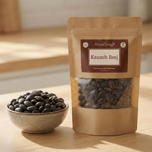 May include: A package of Kaunch Beej seeds with a clear window, next to a small bowl filled with similar seeds. The package has a brown label with the text "Nature Spring" and "Kaunch Beej". The seeds are dark brown.