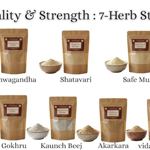 May include: An image showcasing seven different herbal powders, each labeled with its name. The powders are displayed in small bowls and in brown paper pouches with clear windows. The text "Vitality & Strength: 7-Herb Stack" is at the top.