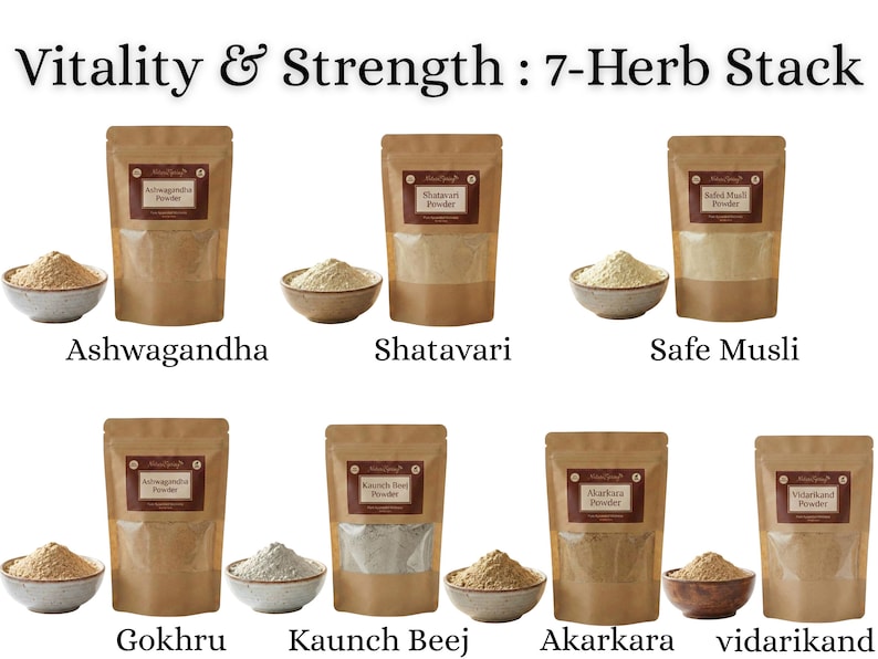 May include: An image showcasing seven different herbal powders, each labeled with its name. The powders are displayed in small bowls and in brown paper pouches with clear windows. The text "Vitality & Strength: 7-Herb Stack" is at the top.