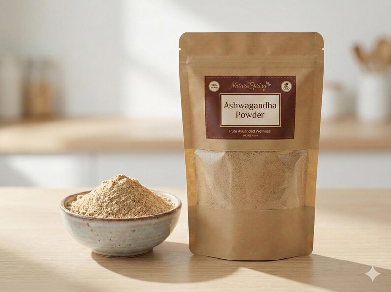 May include: A brown paper bag of Ashwagandha Powder with a clear window, and a small ceramic bowl filled with the powder. The bag has a brown label with the text "Ashwagandha Powder" and "Pure Ayurvdeda Wellness". The background is a light-colored wooden surface.