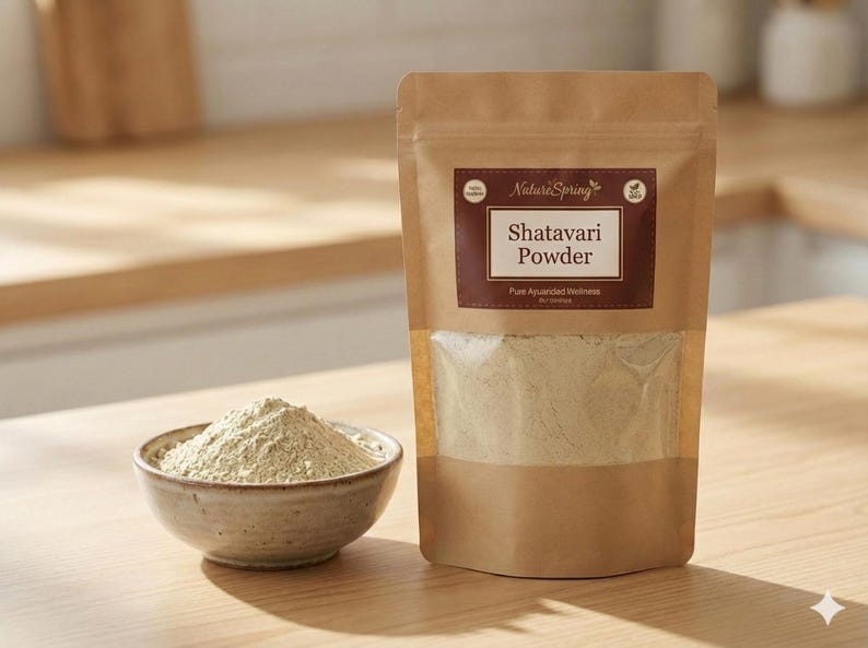 May include: A package of Shatavari Powder from Nature Spring, with a clear window showing the powder inside. A small bowl of the powder sits next to the package. The text on the package reads "Shatavari Powder, Pure Ayurvedic Wellness."