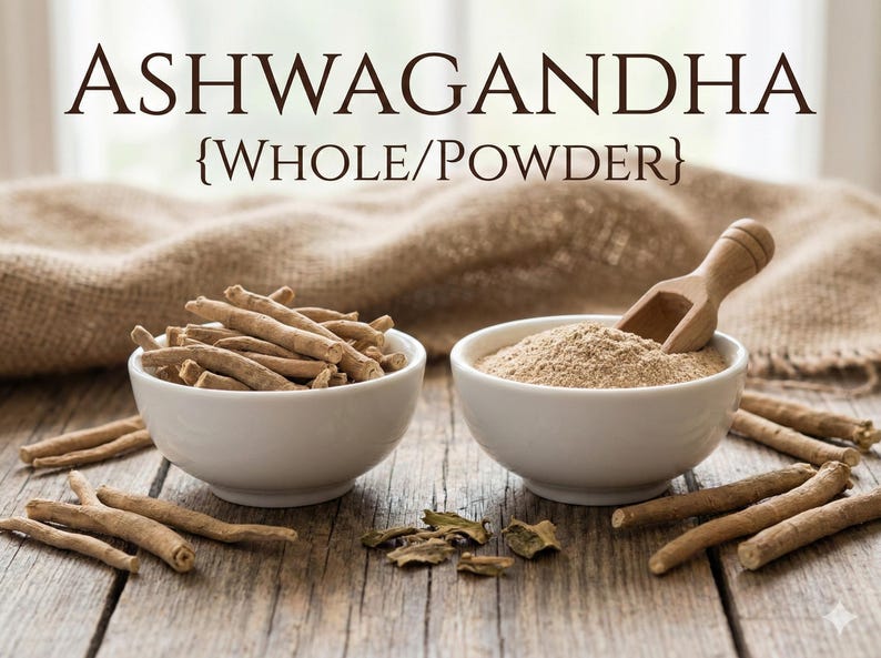 May include: Two white bowls on a wooden surface, one filled with whole ashwagandha roots and the other with ashwagandha powder. A wooden scoop rests in the powder. The text "ASHWAGANDHA {WHOLE/POWDER}" is at the top.