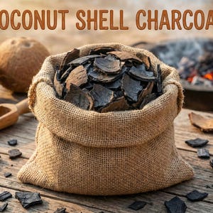 Puede incluir: Un saco de arpillera lleno de carbón vegetal oscuro hecho de cáscaras de coco está sobre una superficie de madera. El texto "COCONUT SHELL CHARCOAL" se muestra encima del saco. También se ven una cuchara de madera y cáscaras de coco.