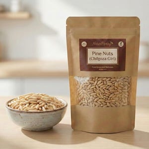 Puede incluir: Un paquete de piñones con una ventana transparente y un cuenco pequeño lleno de piñones. El paquete tiene una etiqueta marrón con el texto "Pine Nuts (Chilgoza Giri)". Las nueces son de color marrón claro y de forma ovalada.