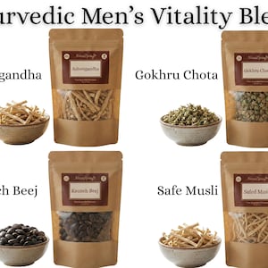 May include: Image of an Ayurvedic Men's Vitality Blend. The image shows four different blends: Ashwagandha, Gokhru Chota, Kaunch Beej, and Safe Musli. Each blend is displayed in a small bowl and a brown paper bag with a clear window.
