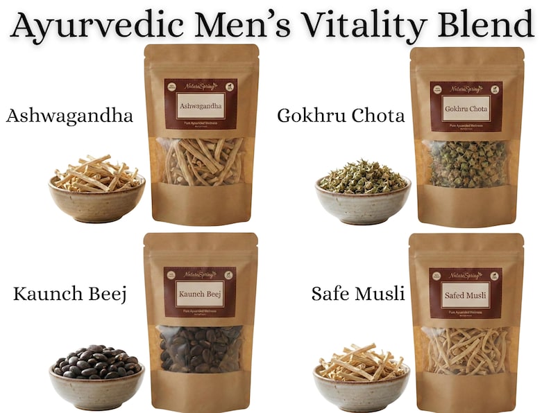 May include: Image of an Ayurvedic Men's Vitality Blend. The image shows four different blends: Ashwagandha, Gokhru Chota, Kaunch Beej, and Safe Musli. Each blend is displayed in a small bowl and a brown paper bag with a clear window.